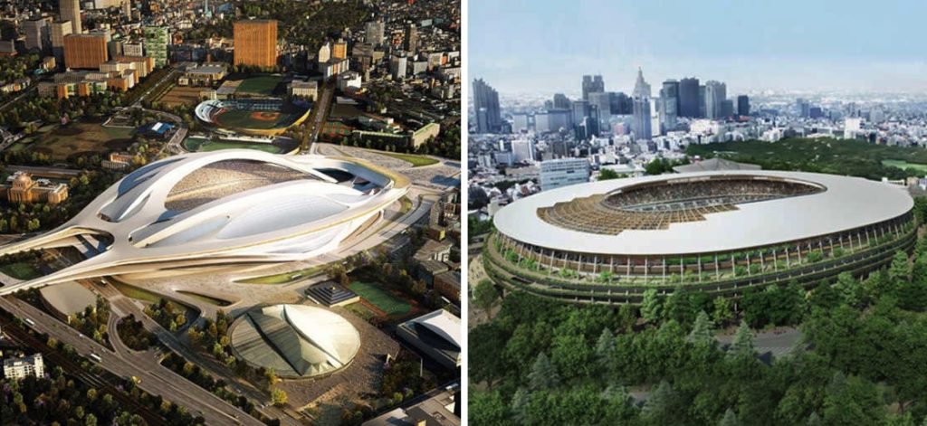 À gauche : la proposition originale de Zaha Hadid Architects pour le stade national de Tokyo, avec l'aimable autorisation de Methanoia ; à droite : Le remplacement par Kengo Kuma, avec l'aimable autorisation du Conseil japonais du sport.