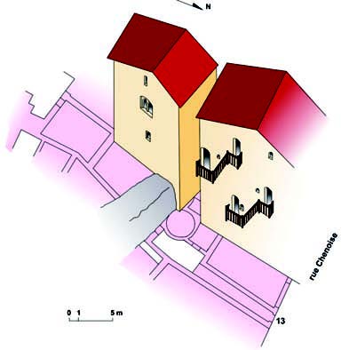 IMMEUBLE N° 13, RUE CHENOISE : maisons restituées à l’emplacement de l’actuel n° 15. D.A.O. S. Penon et P.-Y. Carron