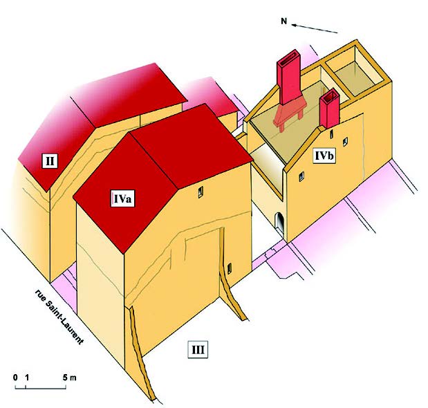 IMMEUBLE N° 69, RUE SAINT-LAURENT : essai de restitution du bâti à la fin du XVe siècle. D.A.O. S. Penon et P.-Y. Carron.