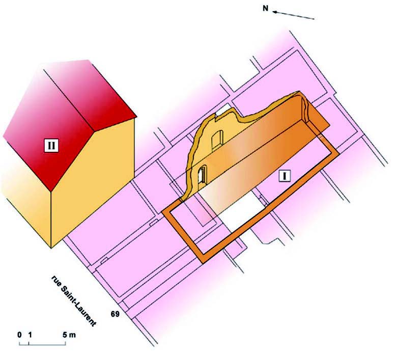 IMMEUBLE N° 69, RUE SAINT-LAURENT: les maisons I et II ; essai de restitution. D.A.O. S. Penon et P.-Y. Carron.