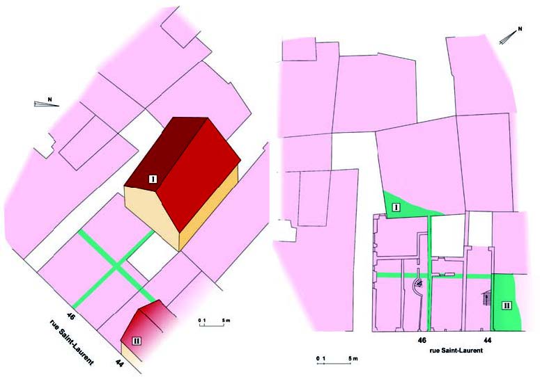 FIG. 30. IMMEUBLES N° 44 et 46, RUE SAINT-LAURENT: découpage de l’espace entre les maisons I et II, pérennisé par des murs encore existants. D.A.O. S. Penon.
